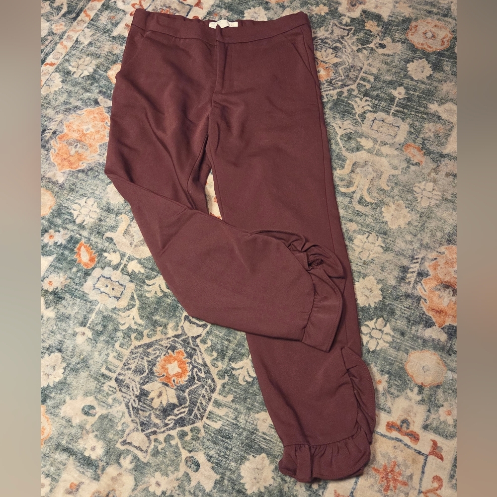Zara Girls Burgundy Brown Ruffle Bottom Pants Sz 10